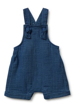 Blauwe romper voor peuters met gekruiste schouderbandjes en geknoopte stofdetails op de voorste bandjes, gemaakt van zacht textuurmateriaal.