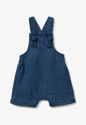 Niebieski kombinezon dla malucha z krzyżowanymi ramiączkami na ramionach i supłami na przednich paskach, wykonany z miękkiego, teksturowanego materiału.