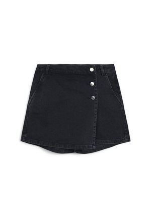 Black denim skirt with a front button closure, two side pockets, and a slightly flared hem. The texture appears smooth with minimal stitching details.