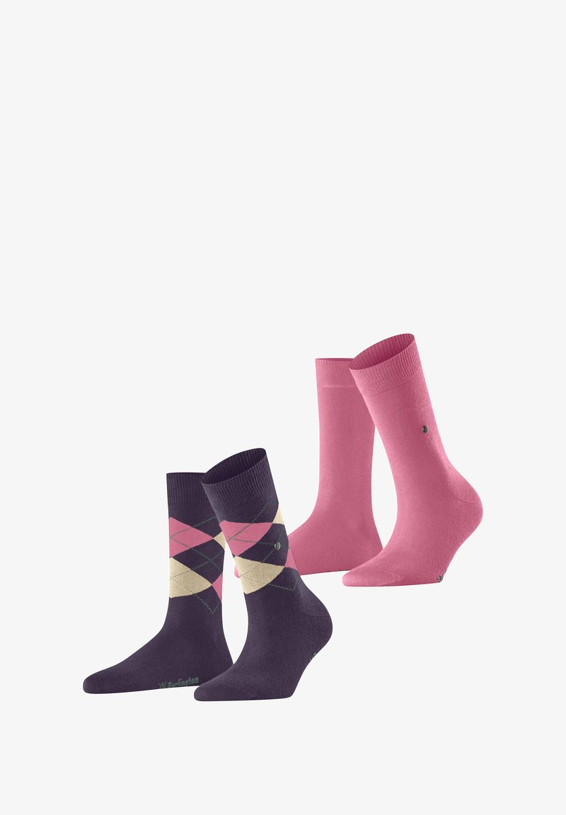 Dwie pary skarpetek: jedna granatowa w różowy i kremowy wzór argyle, druga w jednolitym różowym kolorze, prezentujące różne style i kolory obuwia.