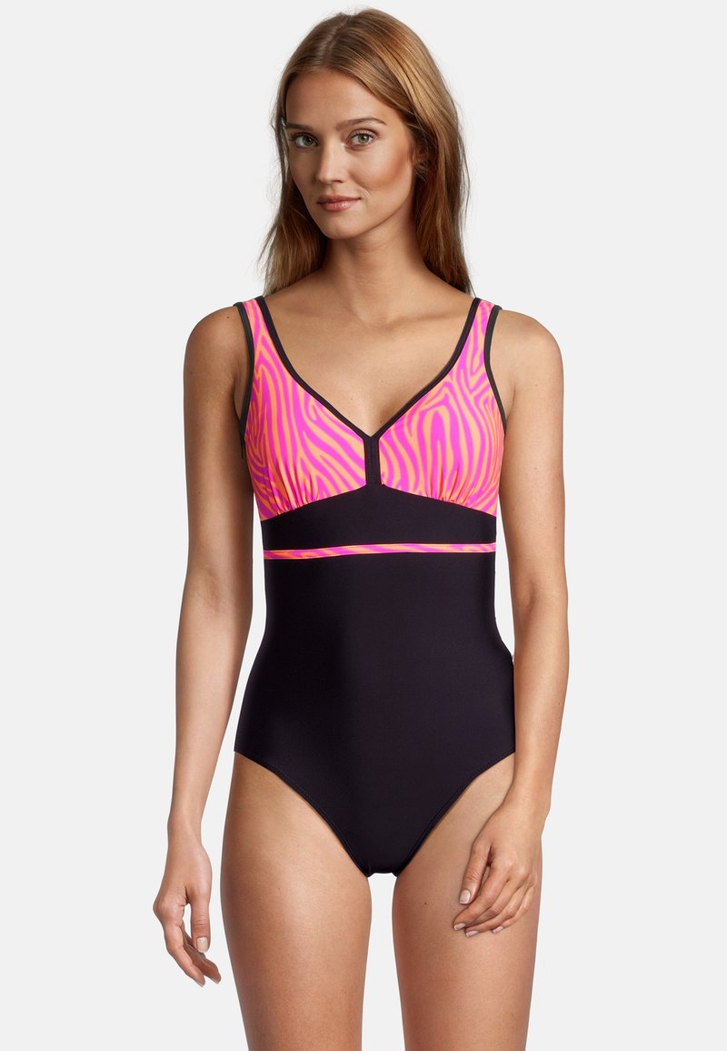 Eénstuk zwempak met een roze en zwarte zebraprint bovenkant, contrasterende zwarte onderkant en brede schouderbanden. Geaccentueerd met een horizontale band.