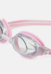Swim goggles featuring transparent lenses, pink silicone eye seals, and dual adjustable straps for a secure fit.
