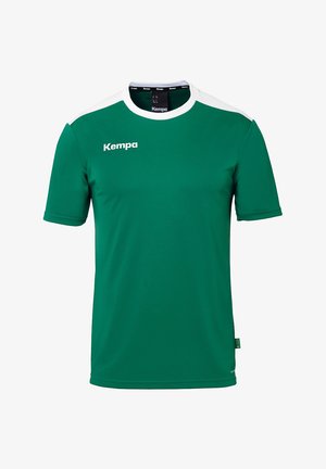 Green sports shirt made of moisture-wicking fabric featuring a round neckline, short sleeves, and white accents on the shoulders.