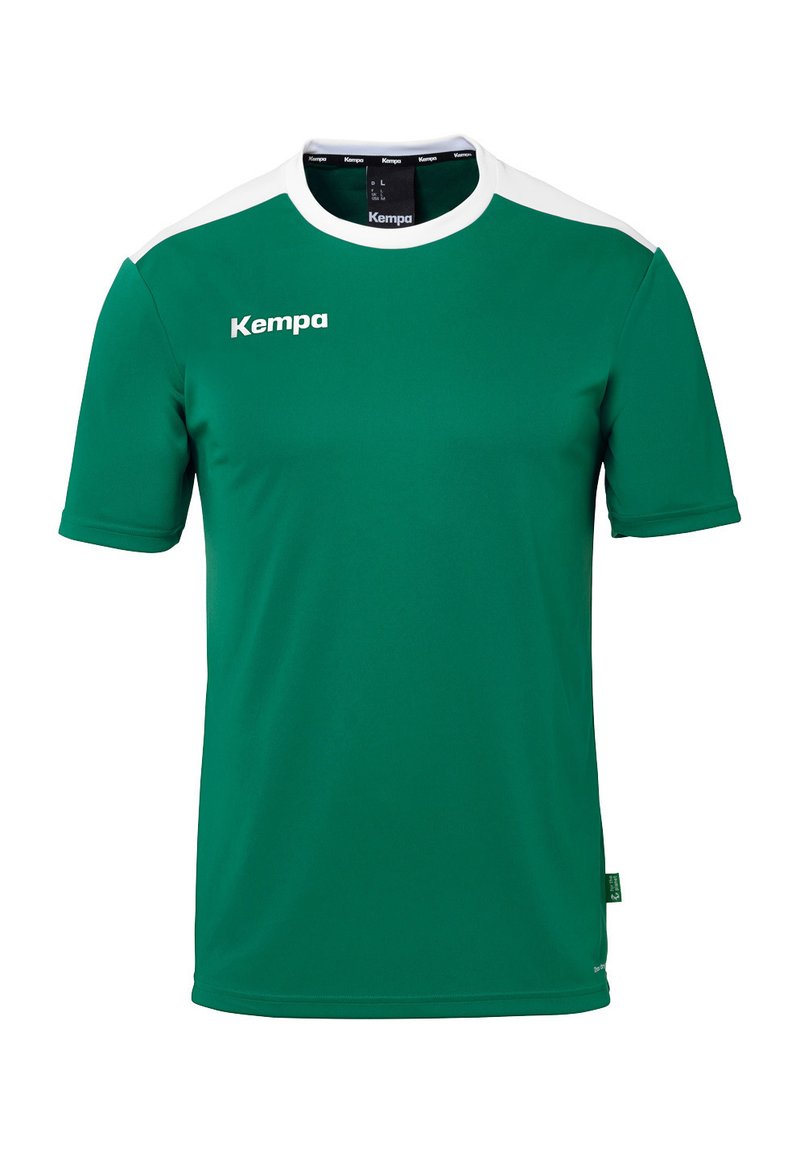 Green sports shirt made of moisture-wicking fabric featuring a round neckline, short sleeves, and white accents on the shoulders.