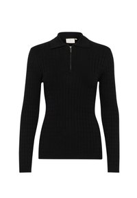 Black knitted pullover with a zip neck, featuring a textured ribbed pattern and long sleeves. The collar is designed in a classic polo style.