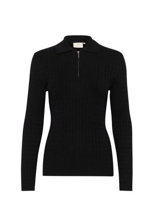 Juodas megztinis su užtrauktuku ant kaklo, turintis tekstūrinį šonkaulinį raštą ir ilgomis rankovėmis. Apykaklė suprojektuota klasikinio polo stiliaus.