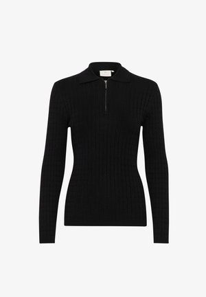 Sort strikket pullover med lynlås i halsen, der har et tekstureret ribbetingmønster og lange ærmer. Kraven er designet i klassisk polo-stil.
