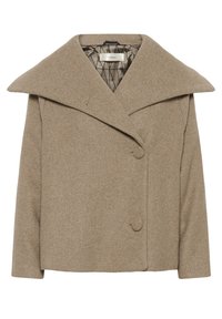 Beige wool blend coat with a wide collar, double-breasted button closure, and textured fabric. Interior features a geometric pattern.