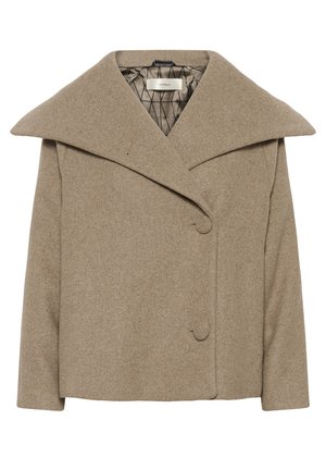 Cappotto in misto lana beige con colletto ampio, chiusura a doppio petto con bottoni e tessuto текстurizzato. L'interno presenta un motivo geometrico.