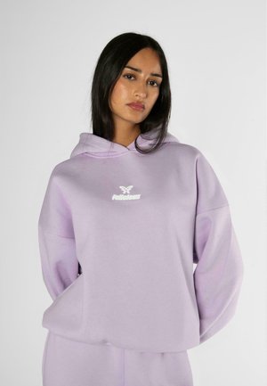 Light purple hoodie featuring a front kangaroo pocket, oversized fit, and a small white brand logo on the chest. Soft fabric texture.
