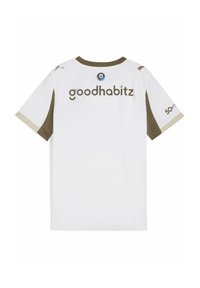 Jersey bianco a maniche corte con dettagli verde oliva. Presenta il logo "goodhabitz" in grande sul retro, con l'emblema del marchio sul colletto.