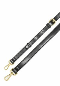 Czarny skórzany pasek z złotym wykończeniem, wyposażony w dwa klipsy i gładkie wykończenie. Zawiera regulowane otwory wzdłuż swojej długości.