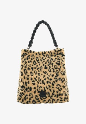 Leopard-print faux fur tote bag with a textured surface and black braided handle; features a black logo patch on the base.