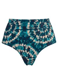 Vysoké bikinové kalhotky vyrobené z elastického materiálu, s modro-zeleným tie-dye vzorem a tmavými akcenty, s hladkou texturou.