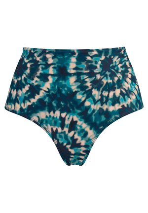 Bas de bikini taille haute en tissu extensible, avec un motif tie-dye bleu et turquoise agrémenté de accents sombres et d'une texture lisse.