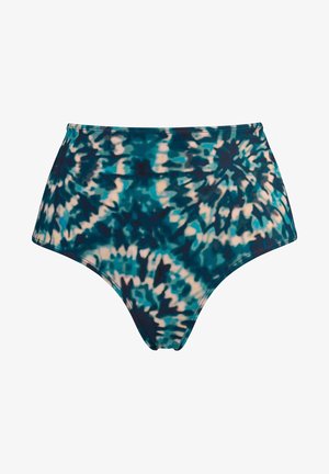 Hoch geschnittene Bikinihose aus dehnbarem Stoff, mit einem blau-türkisfarbenen Batikmuster und dunklen Akzenten sowie einer glatten Textur.
