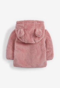 Pink, fuzzy children's coat with a hood featuring two bear ears. Soft texture and a simple design, no visible fastenings or patterns.