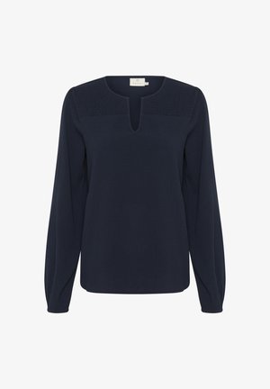 Tumedat sinise pika varrukaga pluus ümmarguse kaelusega ja võtmeaugu avaga. Tekstuuriga paneel õlgadel. Pehme, voogav kangas.