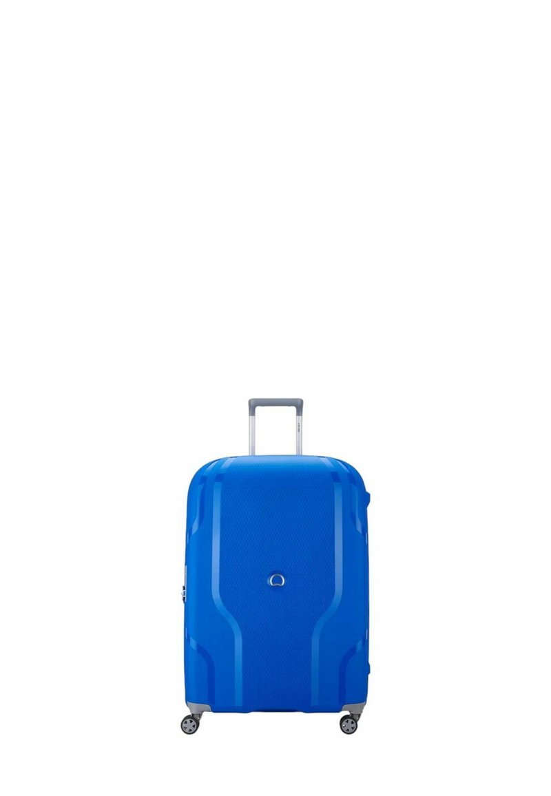 Valigia rigida blu con superficie texturizzata, dotata di manico telescopico, due ruote e forma arrotondata con linee di design sottili.