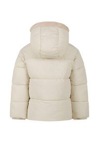 Beige puffjakke med hætte beklædt med pels, quiltet design og elastiske manchetter. Har lynlåslukning og blødt, struktureret stof.