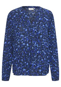 Blusa blu ampia con scollatura a V, maniche lunghe e motivo floreale in diverse tonalità di blu e nero. Tessuto leggero.