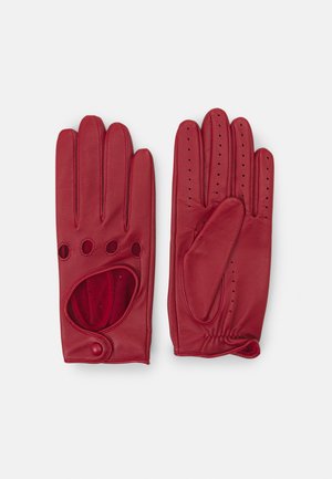 Red leather gloves with a perforated design, an open palm feature, and a button closure. Smooth texture and sleek, fitted shape.