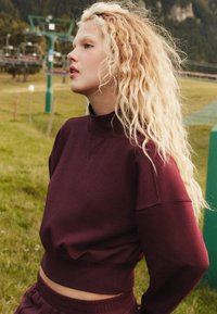 Bordová krátka mikina s vysokým golierom, dlhými rukávmi a rebrovanými manžetami. Vyrobená z mäkkej látky, s voľným strihom.