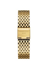 Montre-bracelet en métal doré avec un design de bracelet en maille, fermeture à clapet et nom de la marque "ROSEFIELD" gravé sur le boîtier.