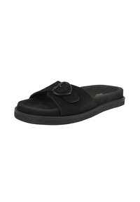 Zwarte suède instapsandalen met een hartvormige gesp en een platte rubberen zool; open ontwerp met een gladde textuur.