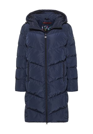 Dunkelblauer Puffermantel mit Kapuze, diagonal gestepptem Muster, durchgehendem Reißverschluss und seitlichen Taschen. Hergestellt aus glänzendem, leichtem Material.