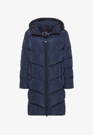 Dunkelblauer Puffermantel mit Kapuze, diagonal gestepptem Muster, durchgehendem Reißverschluss und seitlichen Taschen. Hergestellt aus glänzendem, leichtem Material.