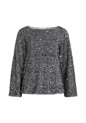 Silver sequined long-sleeve top with a wide neckline and relaxed fit. The surface is covered in small, reflective sequins, creating a textured appearance.