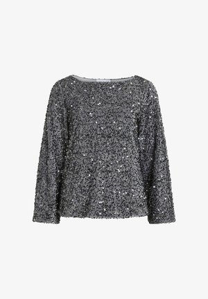 Silver sequined long-sleeve top with a wide neckline and relaxed fit. The surface is covered in small, reflective sequins, creating a textured appearance.