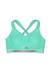 Mintgrøn sports-bh med meshpaneler, formstøbte skåle og en elastisk bånd med et reflekterende accent. Rygrem-design i X-form for støtte.