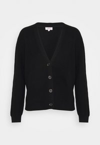 Schwarze Strickjacke mit tiefem V-Ausschnitt, geripptem Textur und langen Ärmeln. Sie verfügt über fünf Knöpfe vorne und hat eine lässige Passform.
