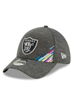 Szara, strukturalna czapka z logo Raiders, z kolorowymi paskami po bokach i zakrzywionym daszkiem. Wykonana z teksturowanej tkaniny.