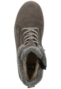 Braune Leder-Stiefelette mit grauem Filzkragen, kontrastierenden Schnürsenkeln und einem weichen Innenfutter. Runde Zehenform und robustes Sohlendesign.