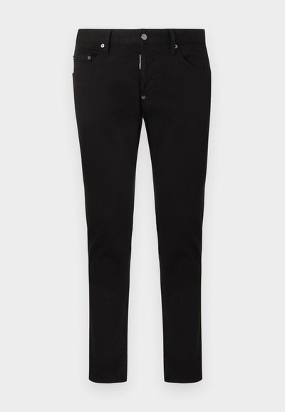 Jean noir slim avec design à cinq poches, fermeture par bouton et fermeture éclair, et passants pour ceinture, présenté à plat sur un fond blanc.