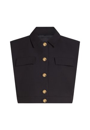 Must musta varrukateta krae kahel klapiga taskul ja viie kuldse nupuga keskjoonel, igaüks graveeritud ümmarguse monogrammiga.