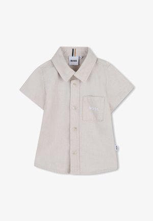 Chemise beige à manches courtes en tissu léger, dotée d'un col, de boutons sur le devant et d'une petite poche brodée du logo "BOSS".