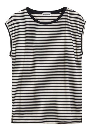 T-shirt rayé en crème et marine, en tissu doux. Encolure ronde avec des manches courtes et des fentes sur les côtés à l'ourlet pour plus de liberté de mouvement.