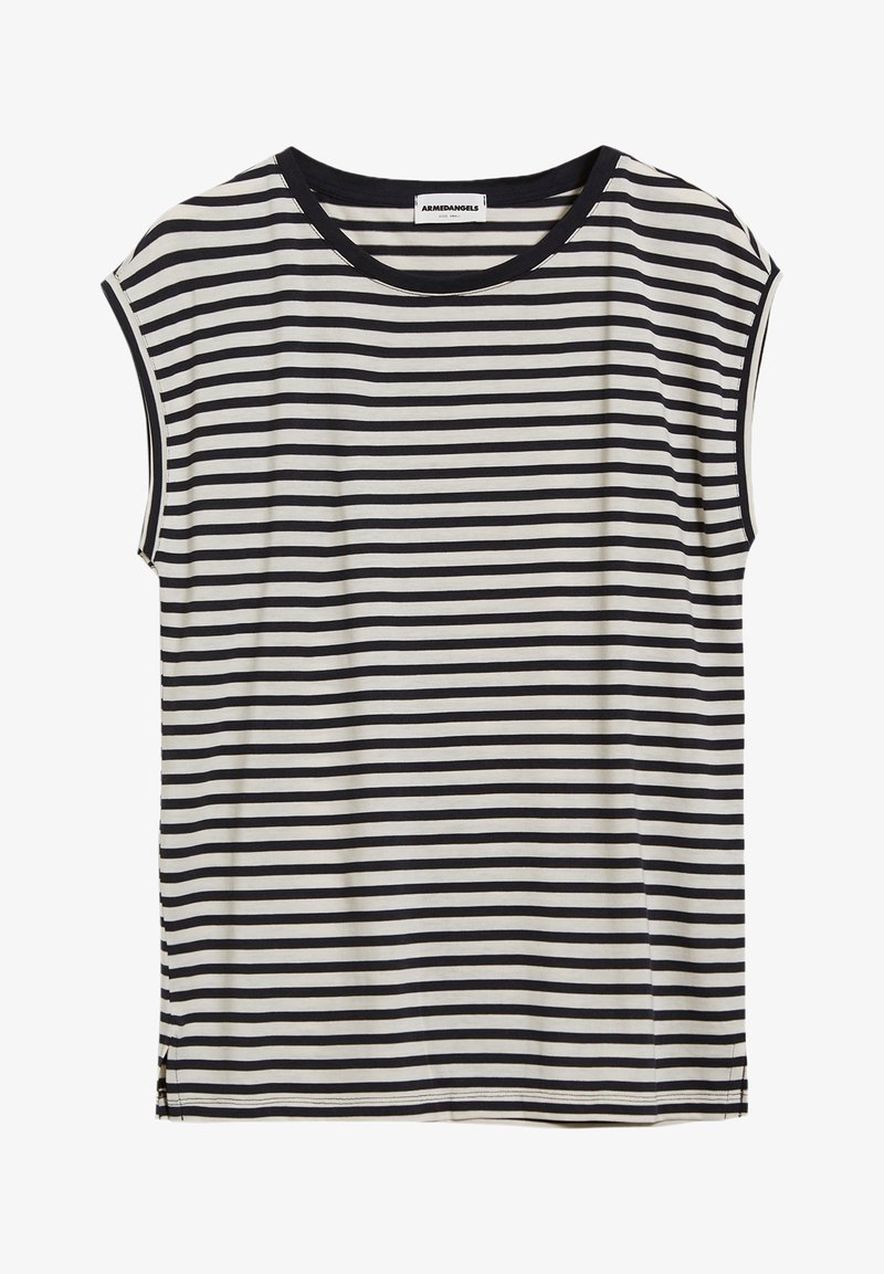 T-shirt rayé en crème et marine, en tissu doux. Encolure ronde avec des manches courtes et des fentes sur les côtés à l'ourlet pour plus de liberté de mouvement.