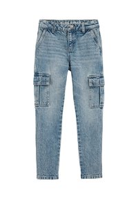 Gai zilas džinsu bikses ar sānu kabatām, pieguļošu dizainu un kontrastējošu diegu. Satur standarta jostu un rāvējslēdzēju.