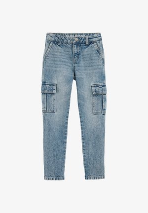 Világoskék farmer cargo nadrág oldalsó zsebekkel, formázott dizájnnal és kontrasztos varrással. Normál derékkal és cipzáros záródással rendelkezik.