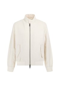 Cream-colored bomber jacket made of smooth fabric with a high collar, front zip closure, and two side pockets. Simple, minimal design.