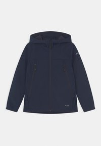Giacca softshell blu navy con cappuccio, chiusura frontale con zip e due tasche con zip. Presenta polsini elastici e una finitura liscia e resistente all'acqua.