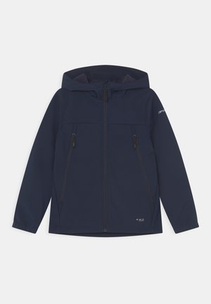 Veste softshell navy avec capuche, fermeture éclair à l'avant et deux poches zippées. Dispose de poignets élastiques et d'une finition lisse et résistante à l'eau.