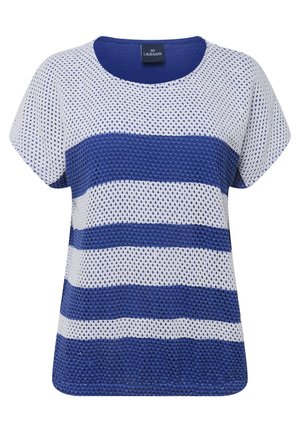 Kurzärmliges T-Shirt mit Rundhalsausschnitt und lockerer Passform, das abwechselnd blaue und weiße horizontale Streifen in einem strukturierten Strickmaterial aufweist.