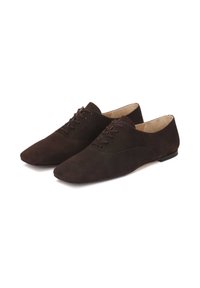 Zapatos de ante marrón con un diseño de punta afilada, suela plana y mínimos detalles de costura. Textura suave con un acabado liso.