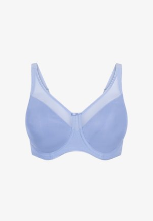 Soutien-gorge léger bleu avec armatures, en tissu lisse, bretelles ajustables et panneaux en maille pour la respirabilité. Présente un design sans couture et un fermoir à crochets.